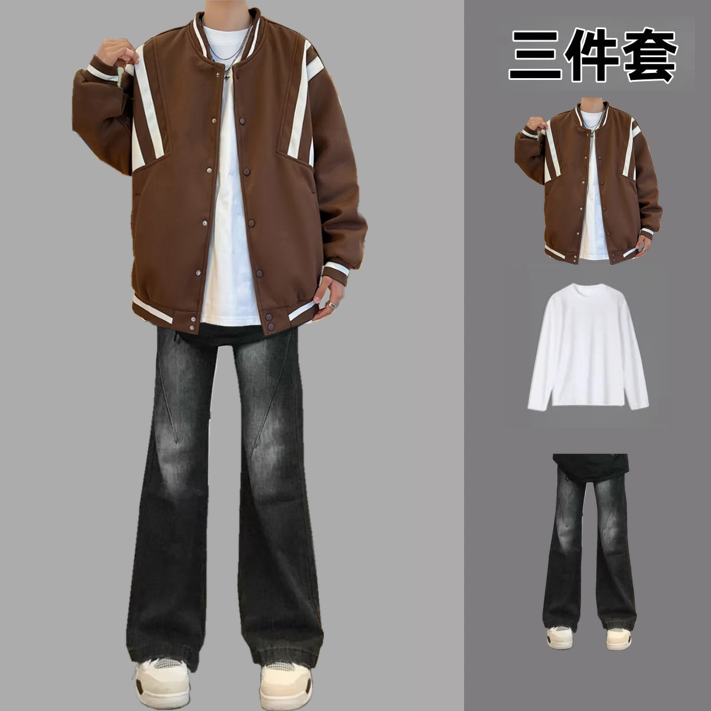 男士套装衣服一整套全套潮男成熟稳重春秋款翻领夹克外套一套穿搭