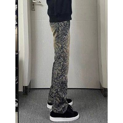 满印提花牛仔裤男女款潮牌痞帅炸街裤子美式高街vibe直筒微喇长裤