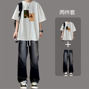 夏季ins休闲运动套装百搭韩版男生男士夏装牛仔裤子套装学生纯棉T
