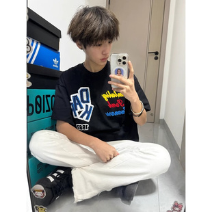 情侣宽松T恤上衣半袖 夏季 复古国潮植绒字母刺绣短袖 美式 男女 新款