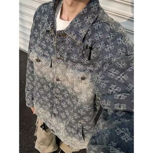 设计感十字架提花扎染牛仔外套男款做旧小众翻领夹克工装上衣春秋
