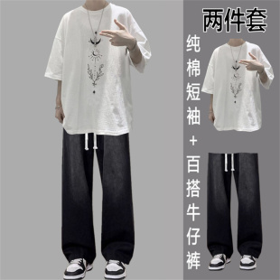 夏季中腰印花常规款休闲运动套装五分袖九分男士潮流运动宽松牛仔