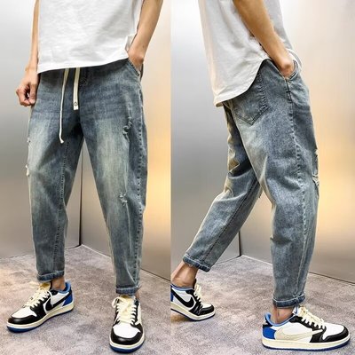 夏季裤子男款萝卜裤薄款宽松哈伦裤痞帅2025新款九分破洞牛仔裤男