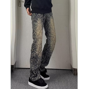 cleanfit重工刺绣腰果花牛仔裤男潮牌提花裤子美式高街微喇弯刀裤