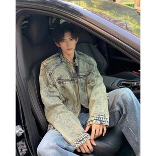 美式复古水洗牛仔外套男款春秋痞帅高级感立领夹克宽松短款牛仔衣