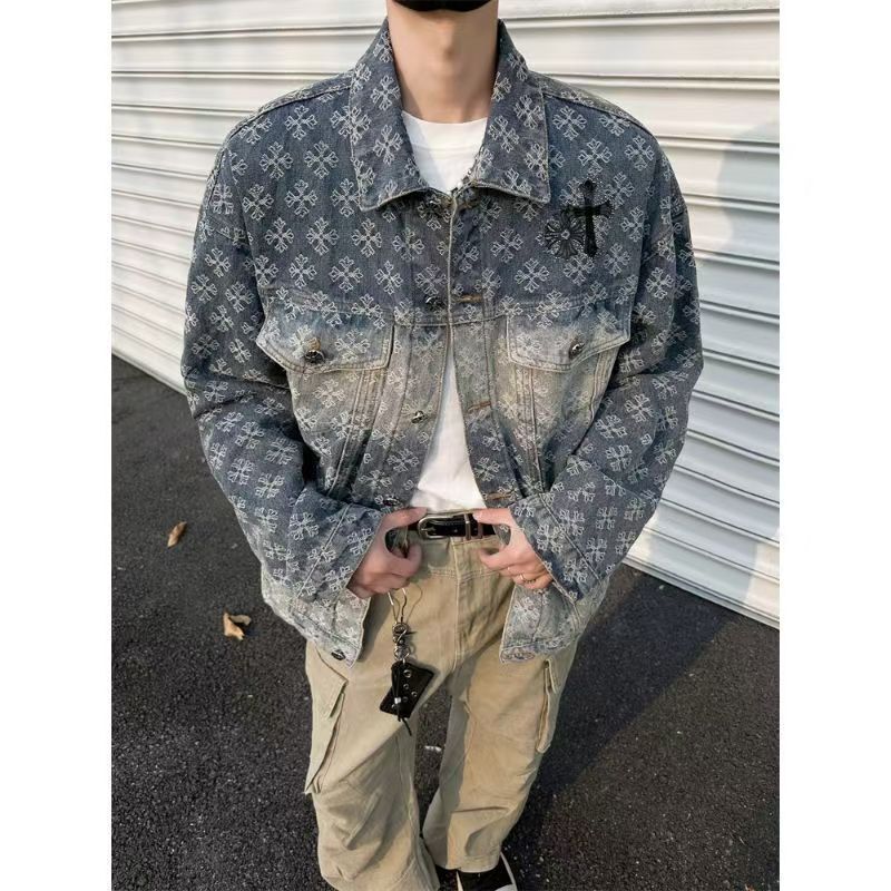 显瘦提花长袖男女通用美式立领工装夹克秋季复古牛仔潮流满印宽松
