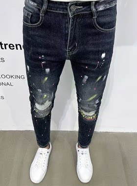 泼墨牛仔裤男潮流时尚修身小脚个性痞帅破洞针缝百搭秋冬做旧蓝色