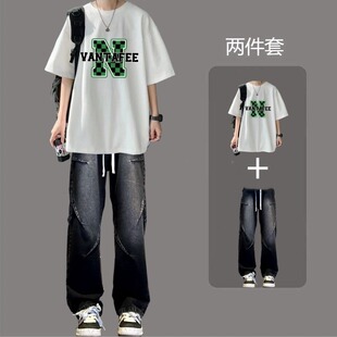 休闲运动套装男士夏装牛仔裤子套装印花纯棉T恤学生百搭ins帅气