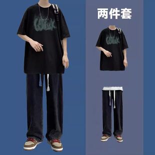 青少年纯棉短袖夏季休闲运动套装韩版男士宽松牛仔裤薄款痞帅ins
