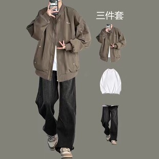 美式飞行员夹克外套男士套装春秋季棒球服夹克痞帅男装高级感穿搭