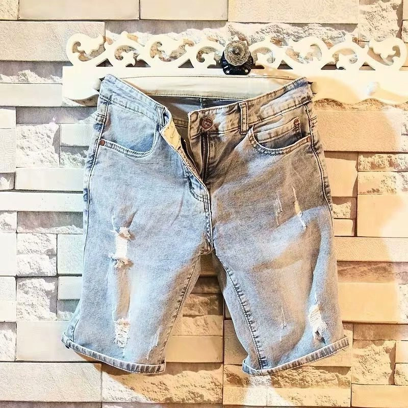 2025夏季薄款浅色破洞牛仔短裤男五分裤韩版修身弹力日系乞丐裤子