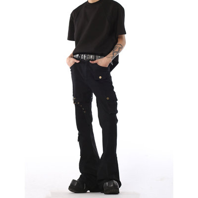 76STREET美式高街vibe绑带微喇牛仔裤男显瘦微弹工装直筒黑色裤子