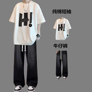 夏季短袖t恤套装男生穿搭青少年男装一整套帅气学生潮流痞帅韩版