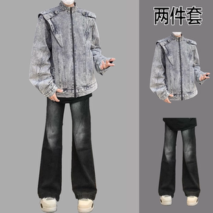 春秋牛仔外套男套装潮牌休闲夹克男装一套搭配牛仔裤痞帅学生潮流