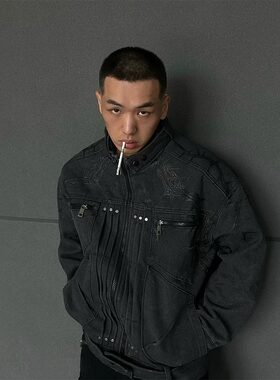 披荆斩棘短款牛仔外套男款春秋款痞帅翻领设计感潮牌新款夹克