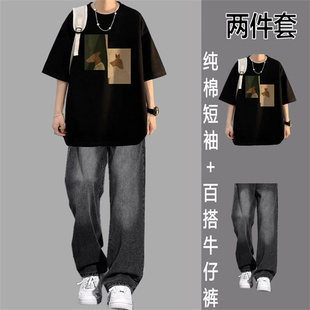 夏季男休闲运动套装男士套装长裤纯棉印花韩版男生牛仔裤时尚帅气
