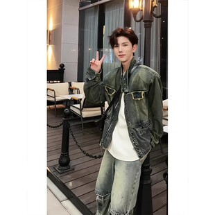 美式复古立领垫肩牛仔外套男款高级感秋季痞帅毛边短款夹克牛仔衣
