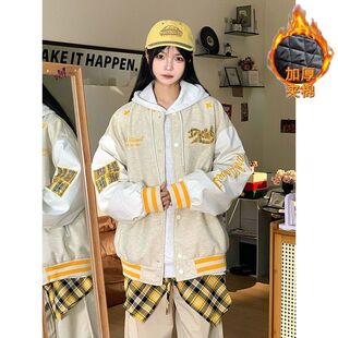 美式插肩撞色刺绣pu皮棒球服秋冬夹棉加厚情侣款宽松百搭上衣棉衣