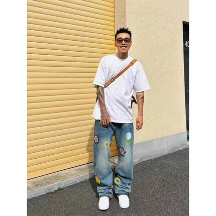美式刺绣花朵牛仔裤男2025新款高街宽松水洗阔腿裤休闲直筒长裤子