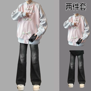 美式运动套装男士春秋男装痞帅潮流三件套休闲棒球服牛仔裤一整套