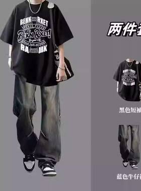 夏季男短袖中腰休闲运动套装九分ins痞帅牛仔裤搭配时尚纯棉T恤