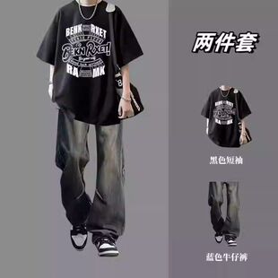 夏季男短袖中腰休闲运动套装九分ins痞帅牛仔裤搭配时尚纯棉T恤