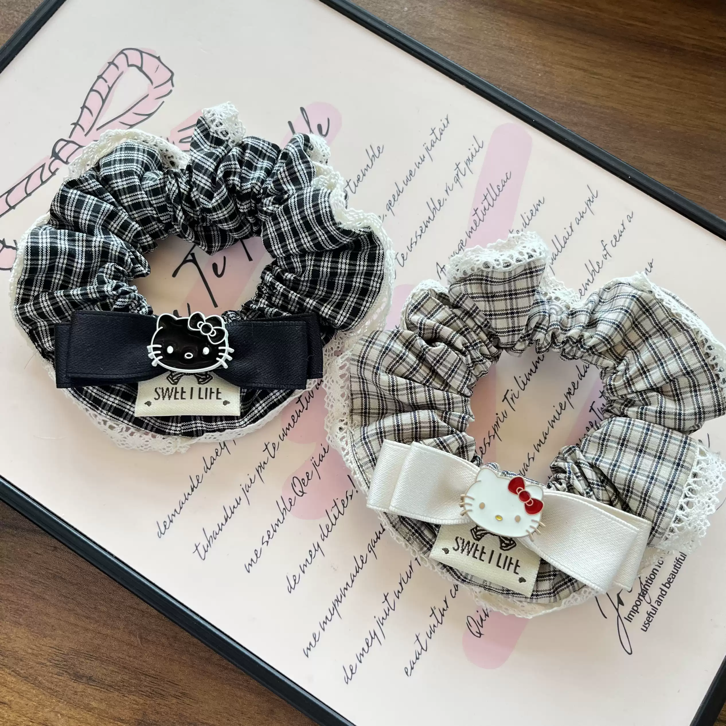 可爱卡通KT猫发夹少女心格子学院蝴蝶结大肠发圈发绳头饰丸子头