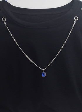 新款方形宝蓝色水晶吊坠领口链两头一字扣胸前链条两头挂钩衣服链