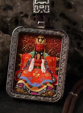 灵丹真朱砂 一生安朱砂 五爷唐卡吊坠 纯银镶嵌 彩绘唐卡平安礼品