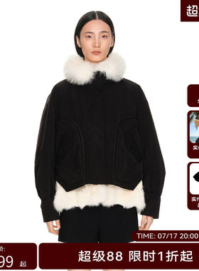 【随单送羽绒包】H·GENTEEL荷高冬装女黑白拼接可脱卸毛领羽绒服