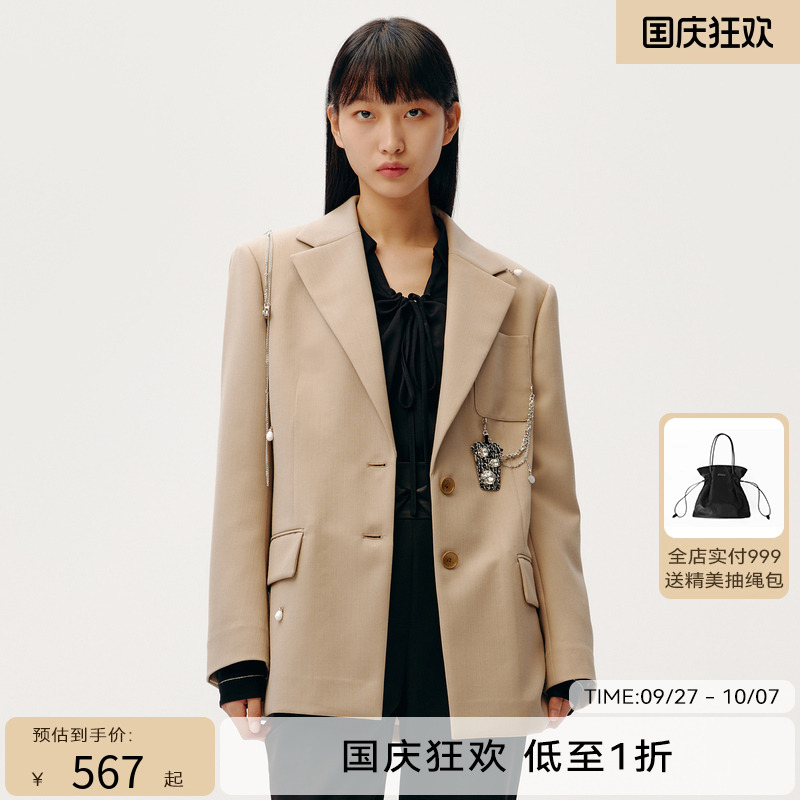 HPLY荷比俪春新品女单排扣金属链条廓形西装外套HEC11520077