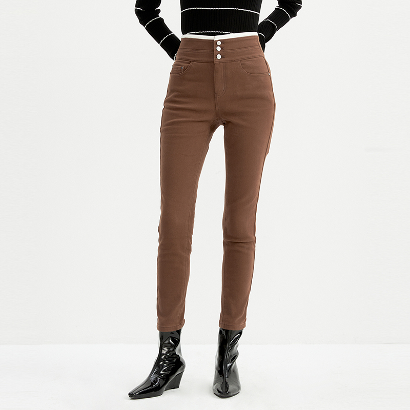 H·GENTEEL荷高新款冬三粒扣拼接腰修身加绒牛仔裤GUE43410545