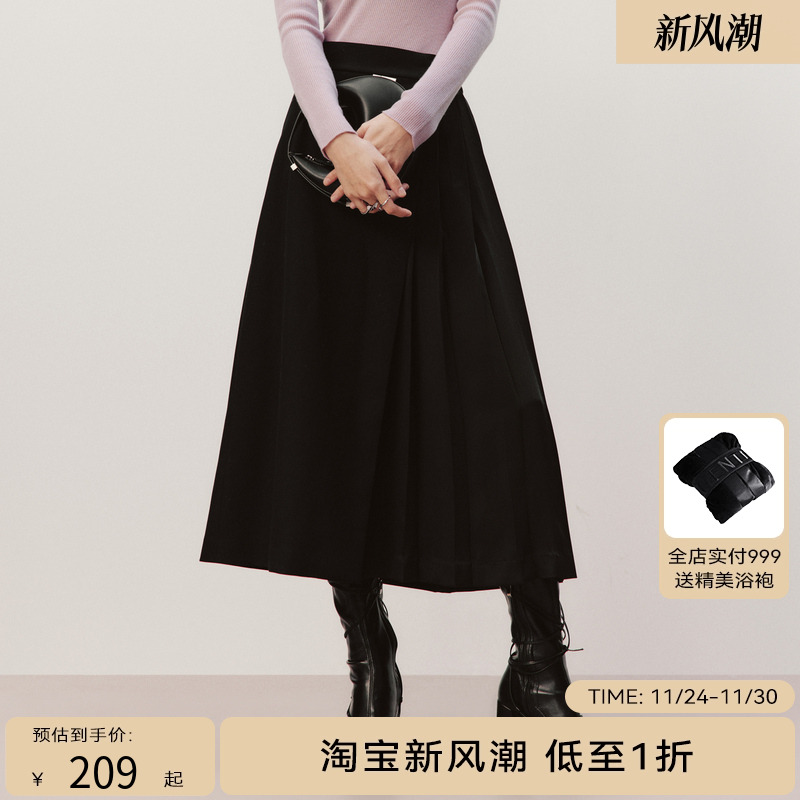 HPLY荷比俪春新款女气质通勤不对称压褶伞裙半身裙HDD11700035