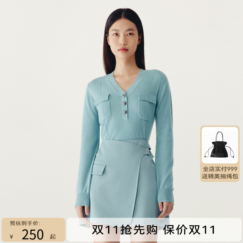HPLY荷比俪2022冬季新款女羊绒V领金属扣打底衫针织衫HEC41650353