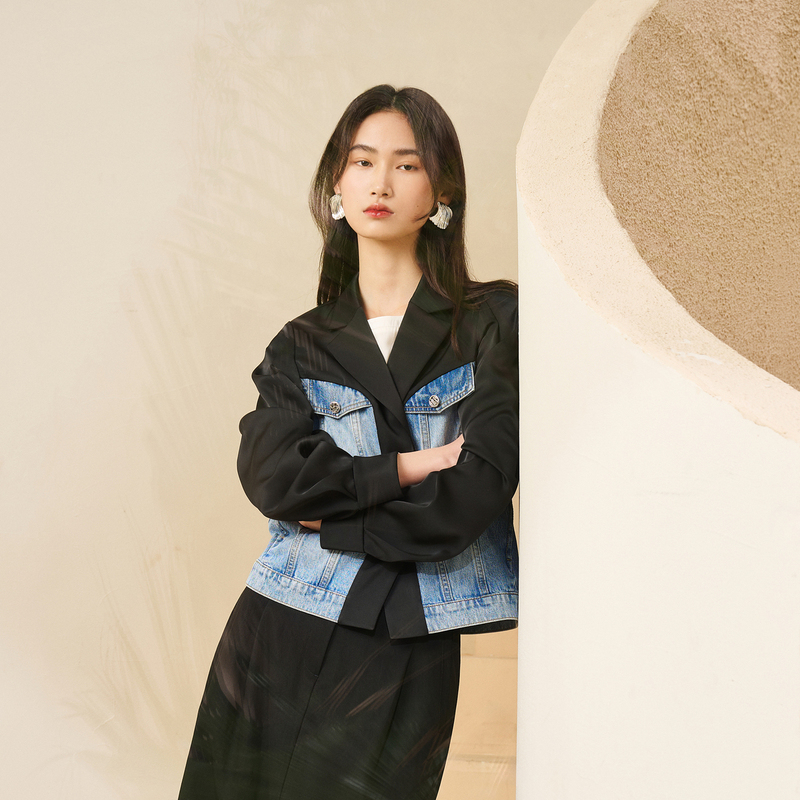 【商场同款】HPLY荷比俪夏季新款女拼接牛仔西装领廓形外套