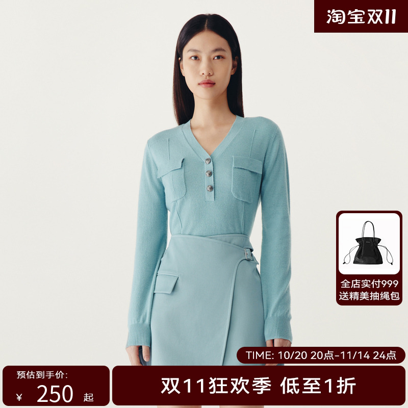 HPLY荷比俪2022冬季新款女羊绒V领金属扣打底衫针织衫HEC41650353
