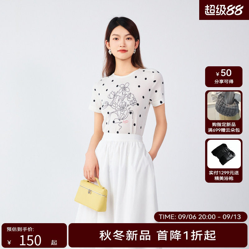 【商场同款】HPLY荷比俪秋季新款女波点印花针织短袖上衣图片