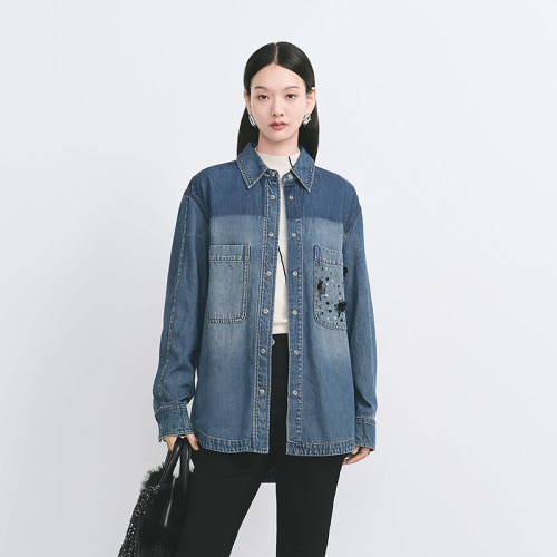 【商场同款】HPLY荷比俪冬季新款女钉珠渐变水洗牛仔宽松衬衫