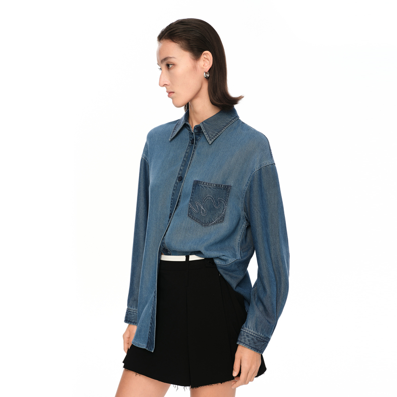 H·GENTEEL荷高新款夏装女深浅水洗牛仔拼接宽松H廓形衬衫
