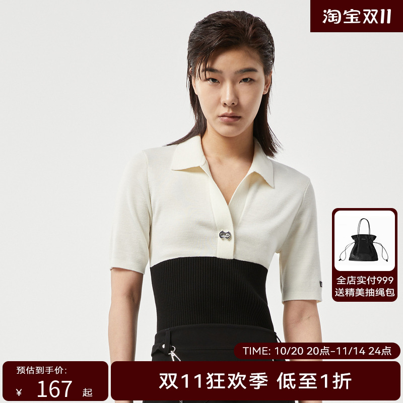H·GENTEEL荷高秋新品引流款Polo领黑白拼接毛衫GUC3Q650786