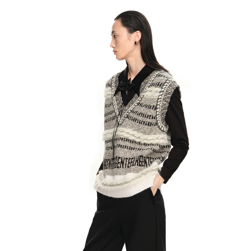 H·GENTEEL荷高2023年新款冬装女V领条纹宽松廓形图案针织衫