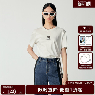 H·GENTEEL荷高23新秋装女男友风廓形击剑小人烫钻图案休闲短袖T