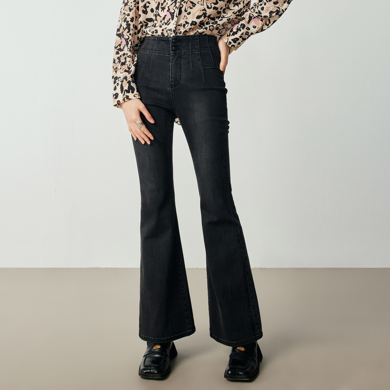 H·GENTEEL荷高新秋装女高腰褶皱显瘦喇叭牛仔裤GUD34420639