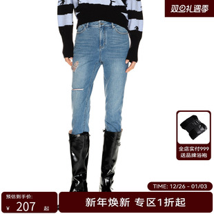 女字母刺绣破洞高腰直筒牛仔裤 H·GENTEEL荷高年新款 冬装