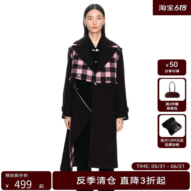 H·GENTEEL荷高年新款冬装女花纱感格纹宽松西装廓形大衣
