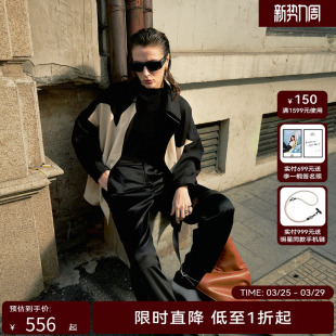 女光滑高腰袢带饰袋休闲舒适长裤 H·GENTEEL荷高2024新款 春装