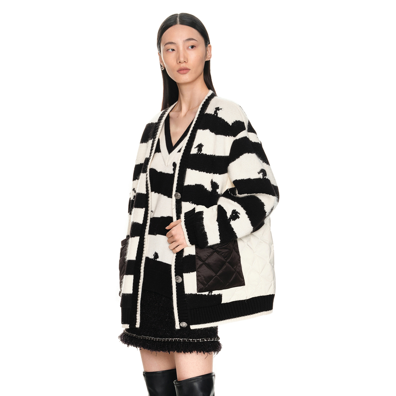 H·GENTEEL荷高年新款冬装鹅绒女黑白撞色开衫式针织拼接羽绒服