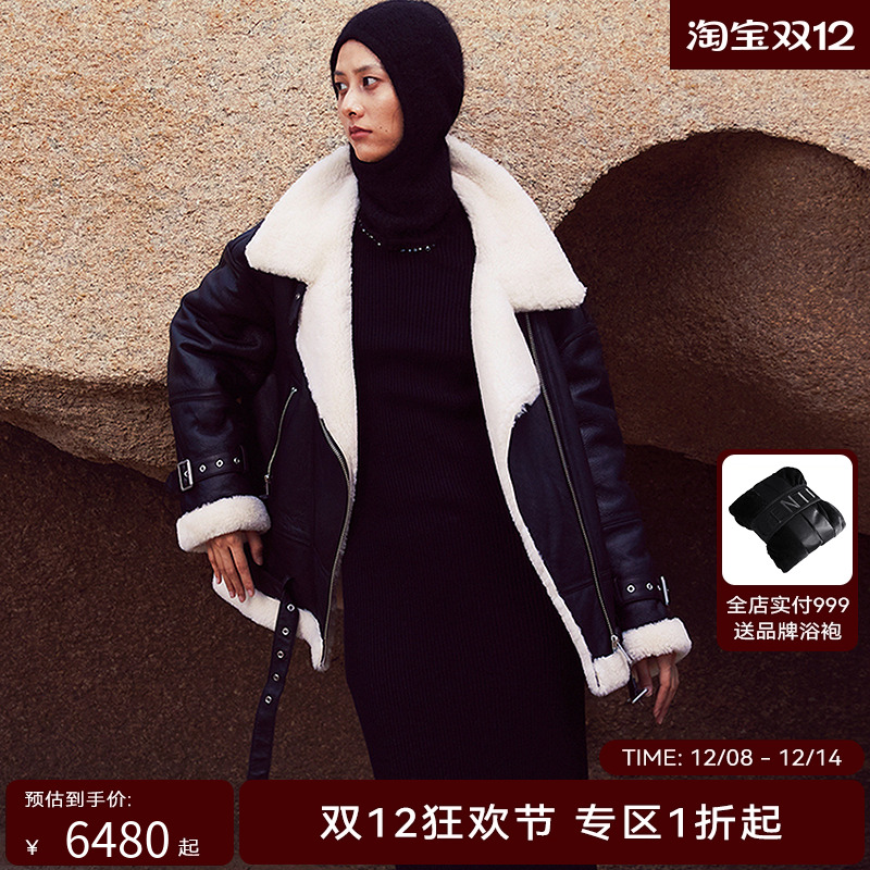 H·GENTEEL荷高新款冬装女皮黑白机车风格简约酷飒外套