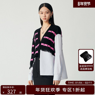 H·GENTEEL荷高女装秋新品毛织拼衬衫高级落肩开衫GUD356506