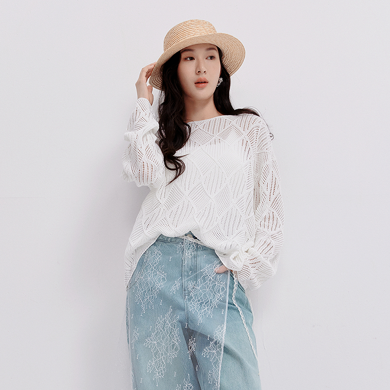 HPLY荷比俪2025夏季新款女度假风一字领菱形针织衫HDF21650006